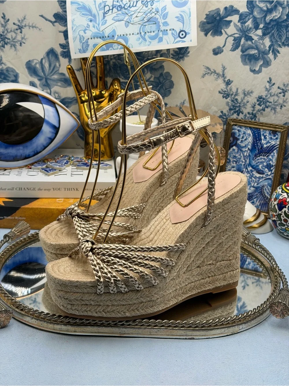 🆕 LOEFFLER RANDALL 🧿 NWOB Pamela Mignon Pale Gold Metallic Leather Wedge, Sz 7